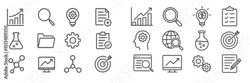 Line art icons representing business analytics, scientific research, and problem-solving activities in a modern digital workspace