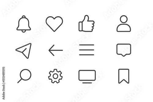 Collection of simple icons representing common social media actions and notifications displayed in a grid layout