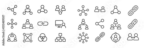 Various network icons depicting connections, interactions, and relationships among people and systems in simple line art style