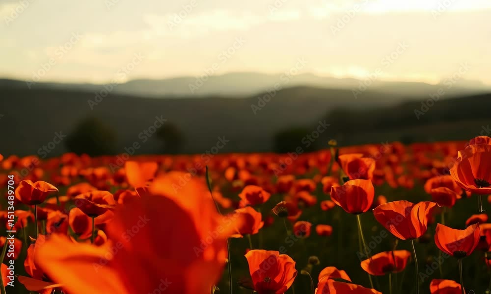 Bright orange red poppy field at sunset with scenic mountains behind. Beautiful large flower bed blooming with vibrant flowers. Nature escape footage.