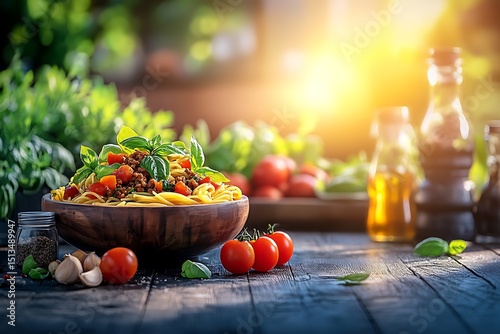 Pasta dish with herbs and tomatoes in a wooden bowl