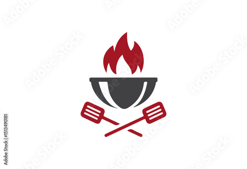 Modern Grill Bowl Logo with Flames and Spatulas - Stylish SVG Icon Design for BBQ, Cooking, and Restaurant Branding