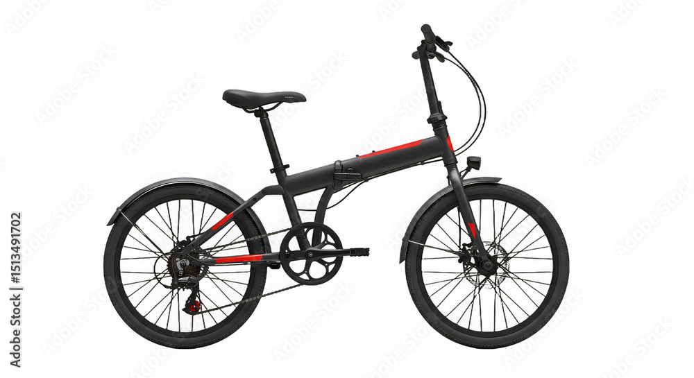 Fototapeta premium Modern folding bicycle in matte black with red accents, shown as a digital product render view