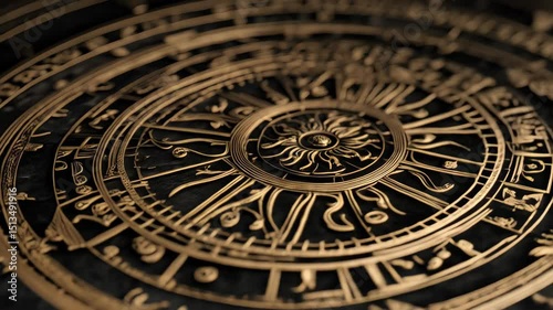 Ornate golden clock face with zodiac symbols and sun, astrology chart with intricate details and luxurious texture on dark gray background.