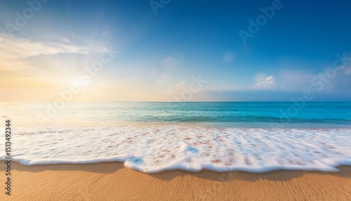 summer background sea ocean sand beach with blurry bokeh light on blue sky could with sunlight in morning for summer vibes banner sale promotion
