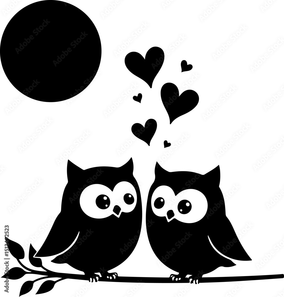 Fototapeta premium Owl Couple Silhouette with Hearts vector design
