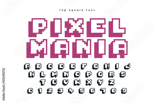 Pixel mania font in the Hibiscus color, trendy simple alphabet, bold letters and numbers made in mosaic style, vector illustration