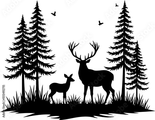 Deer and Fawn in Forest Silhouette vector design