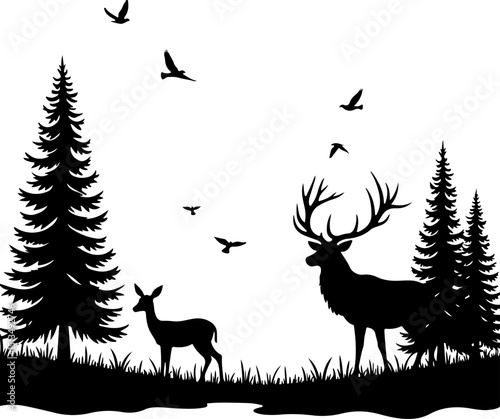 Deer and Fawn in Forest Silhouette vector design