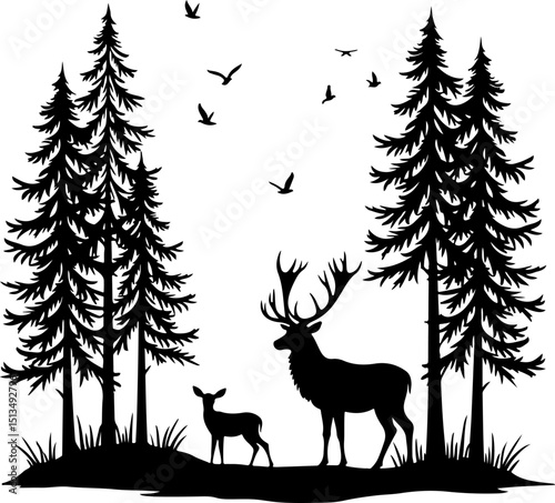 Deer and Fawn in Forest Silhouette vector design