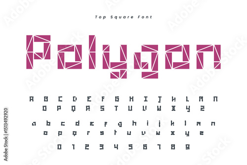 Polygon font in the Hibiscus color, trendy simple alphabet, bold letters and numbers made in mosaic style, vector illustration