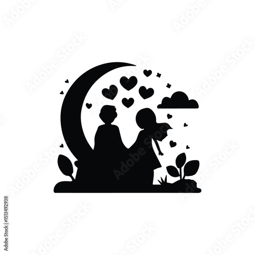 A simple and adorable black silhouette of a couple holding hands under a crescent moon,