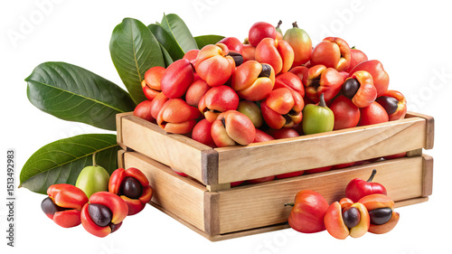 A wooden crate filled with ripe ackee fruit and green leaves Transparent PNG