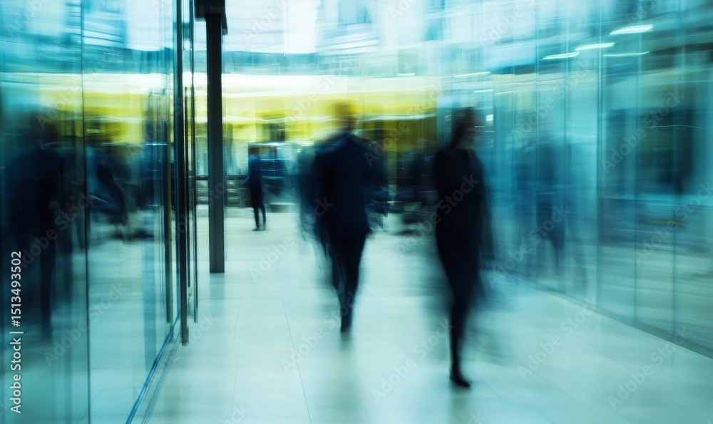 Fototapeta premium Motion blur business people in an office with glass partitions. Generative AI
