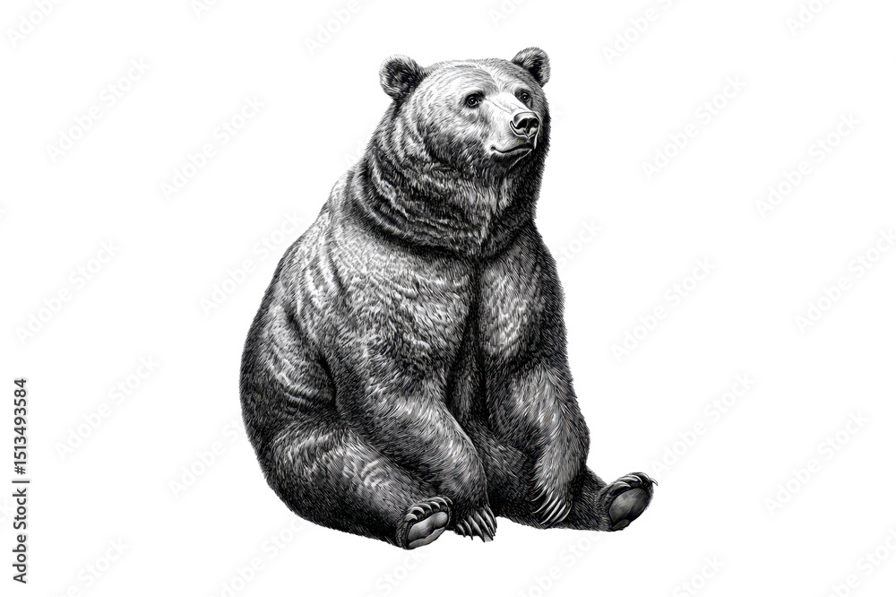 Fototapeta premium Majestic Grizzly Bear Sitting A Detailed Black and White Illustration of a Wild Animal