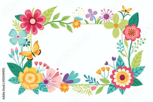 Colorful Floral Frame with Butterflies for Invitations and Greetings