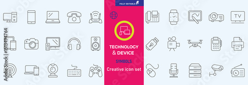 Electronics and Devices web icons in line style. Computing, social network, management, internet, network, programming, Internet connection collection. Vector illustration
