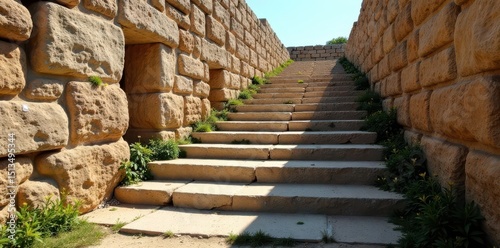 Descending stone steps within ancient fortification walls , tunnel, fortification, ancient