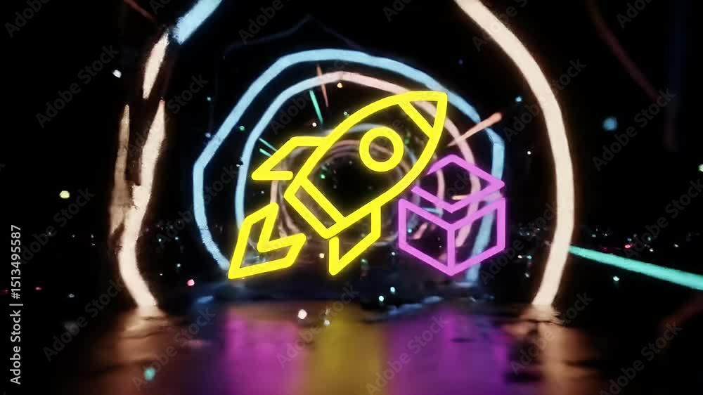 Neon Rocket Launch A vibrant 3D animation of a rocket blasting off within a swirling neon tunnel, symbolizing innovation, speed, and the exciting journey of new beginnings.