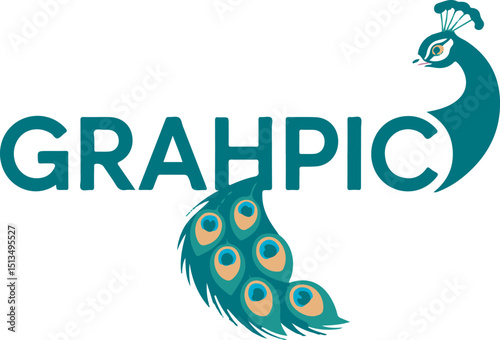 Teal word GRAHPHIC incorporates a peacock head and tail feathers in transparent background