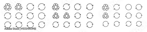 Various recycling symbols displayed in a grid format, illustrating waste management concepts for environmental awareness and education