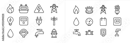 Collection of energy and water utility icons displayed in a clean, modern style for informative purposes