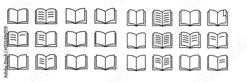 Collection of open books arranged in a grid pattern showcasing various page designs and orientations in a minimalist style