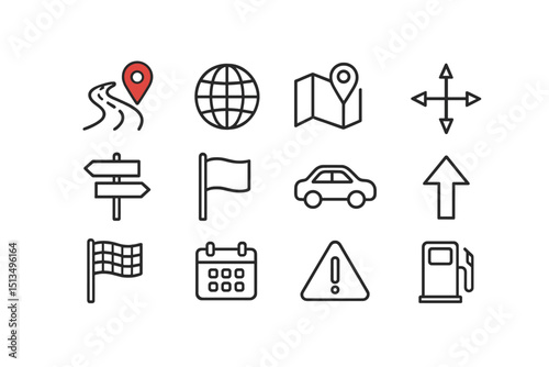 Navigation icons depicting essential elements for road trips and travel planning with a variety of symbols and signs