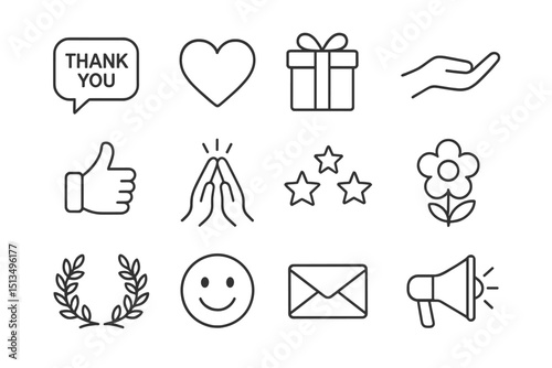Creative symbols of gratitude and celebration featuring hearts, gifts, and communication elements