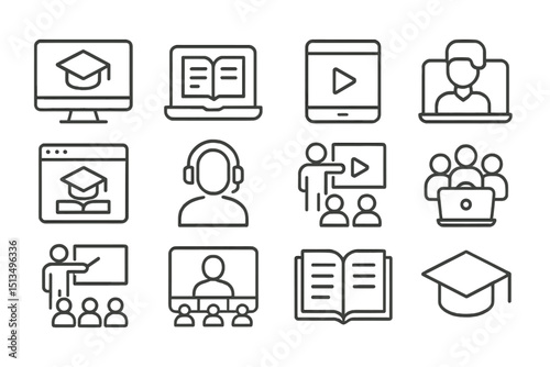 Online learning and education symbols illustrate various digital study activities and resources used for remote teaching