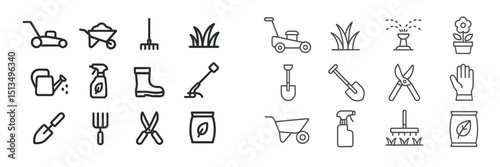 Gardening tools and equipment illustrated in a clean, minimalist style suitable for landscaping enthusiasts