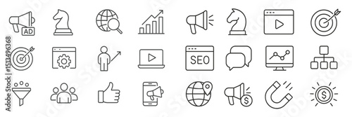 Creative marketing icons arranged in a grid showcasing various aspects of digital strategy and advertising techniques