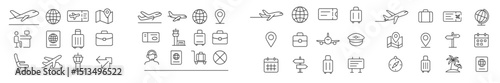 Travel icons featuring airplanes, maps, luggage, and landmarks in a minimalistic design for travel enthusiasts and planners