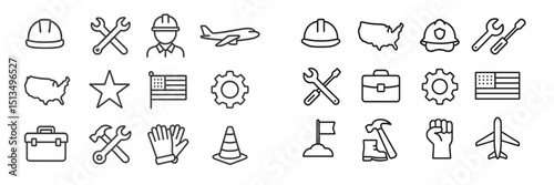 Icon collection representing construction, aviation, and American symbols in a minimalist style