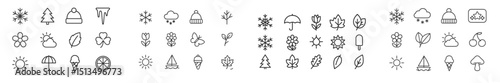 Collection of various seasonal and weather icons featuring nature, holiday, and climate symbols in a minimalist design