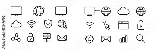 Vector icons representing various aspects of technology and the internet for digital communication and data security