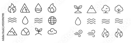 Unique line art depicting nature symbols representing fire, water, earth, and air in various forms and arrangements