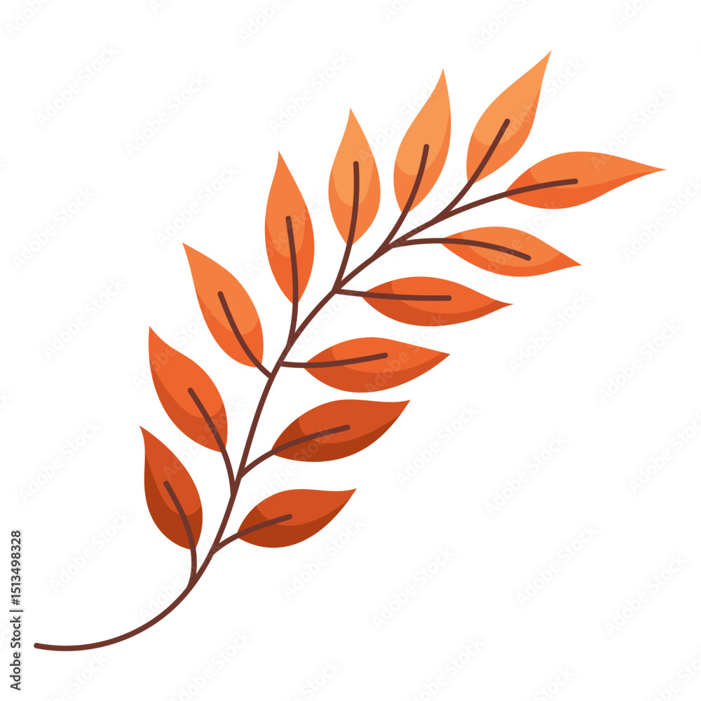 Fototapeta premium Rowan twig in autumn orange color. Fall foliage. Colorful fall leaf for pattern, banner, sticker. Hello autumn. Flat vector illustration on white background.