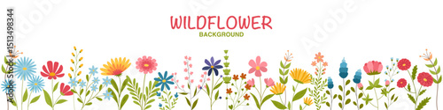 Vector seamless background with wild flowers. Bright floral romantic meadow flowers in cottagecore garden style for manor and farmhouse background. Vector illustration for greeting card, poster.
