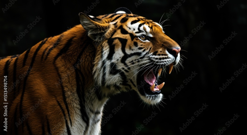 Naklejka premium Majestic tiger roaring in the wild: powerful predator on alert in jungle setting