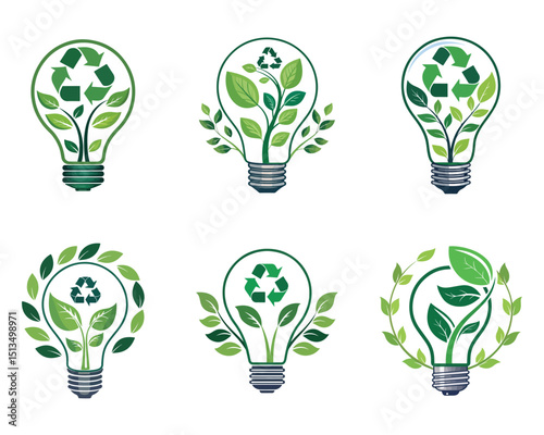 Green energy logo. Save energy symbol. Energy icon with green leaf. Incandescent electric light bulb with green leaves, symbol of clean energy, vector illustration isolated with white background.