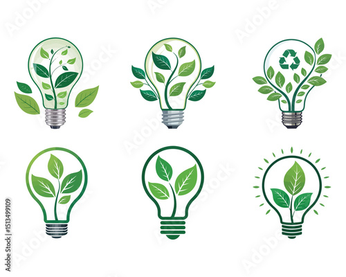 Green energy logo. Save energy symbol. Energy icon with green leaf. Incandescent electric light bulb with green leaves, symbol of clean energy, vector illustration isolated with white background.