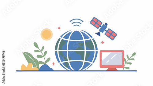 Global Network Earth Satellite Communication Connect Explore Discover Tech illustration World Wide Web New