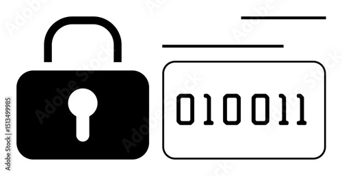 Padlock symbol beside binary code emphasizes data safety. Ideal for cybersecurity, data encryption, privacy, software security, digital protection, online safety, secure networks. Flat simple