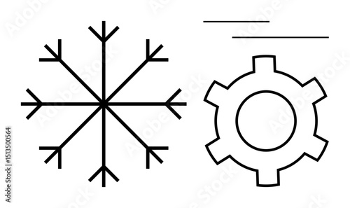 Snowflake and gear side by side, representing winter, technology, balance, efficiency, contrast, adaptation, and seasons. Ideal for branding concepts innovation climate change and a simple
