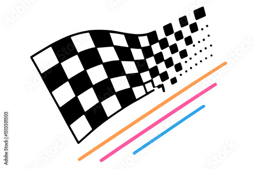 Racing flag waving over the finish line during a competitive motorsport event on a sunny day