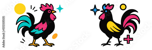 Colorful chicken illustrations in vibrant style showcasing playful design elements and lively colors