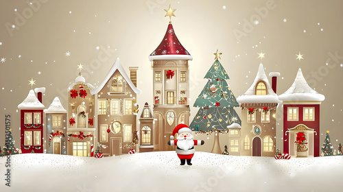 Cheerful Santa Claus in Festive Winter Village Scene with Christmas Tree
