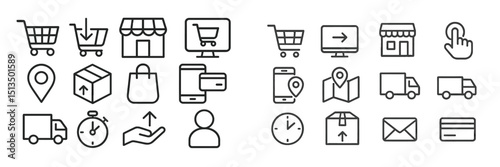Collection of minimal icons representing shopping, delivery, and navigation symbols in a modern style