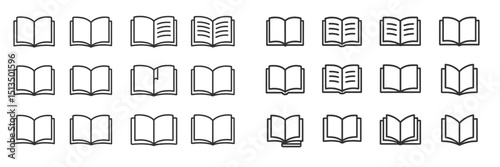 Multiple open book illustrations arranged in a grid pattern depicting various styles and orientations in a simple design